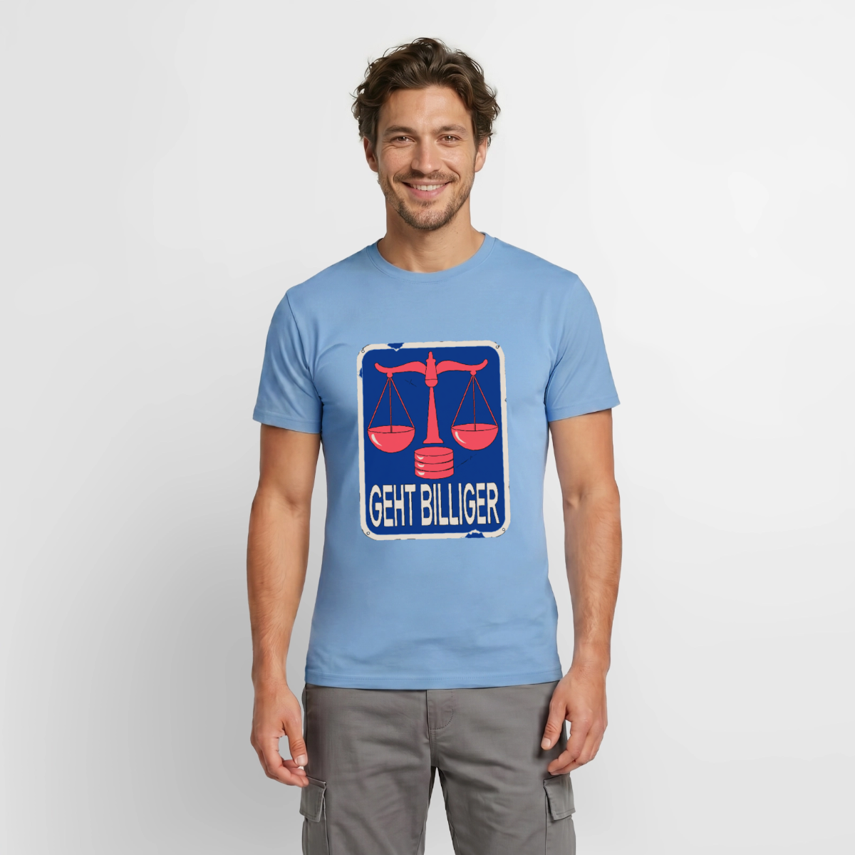 Geht billiger. Emailschild-Motiv Motiv-T-Shirt für Männer, Farbe Carolina Blue, Model