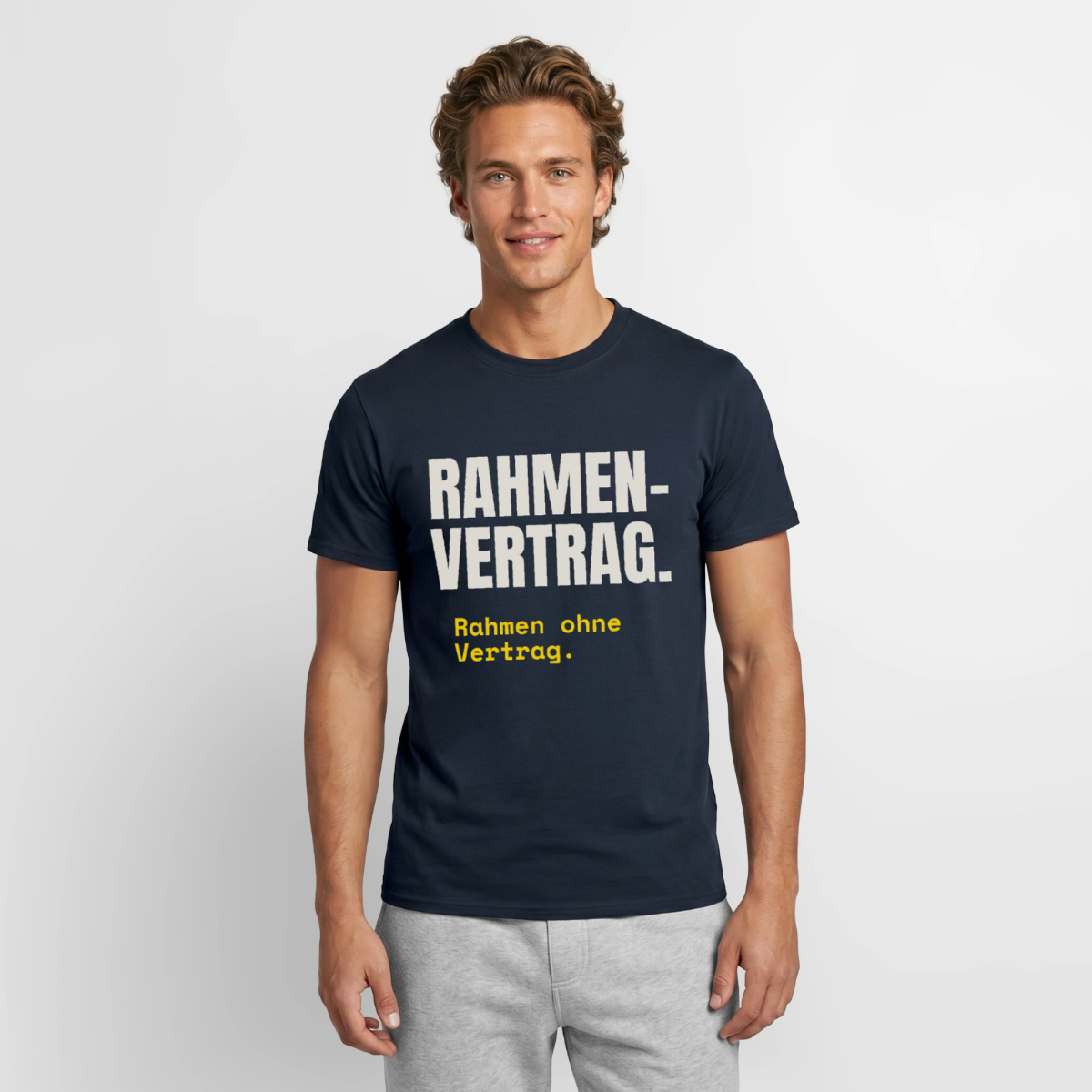 "Rahmenvertrag. Rahmen ohne Vertrag." Motiv-T-Shirt für Männer, Farbe Navy