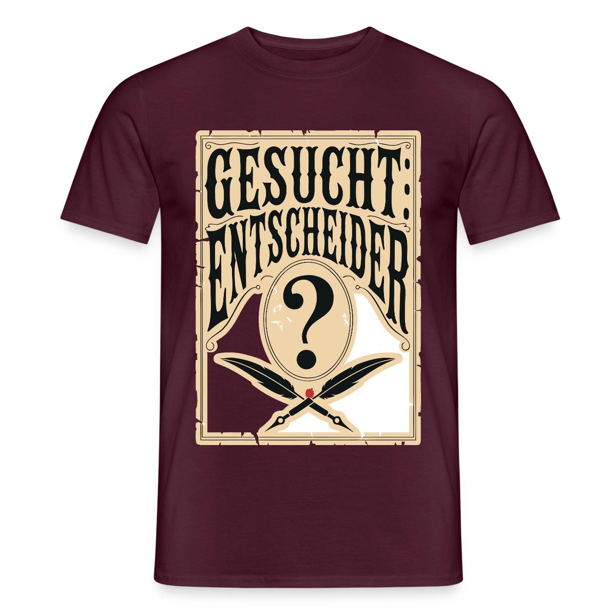 Gesucht: Entscheider. Steckbrief-Motiv Motiv-T-Shirt für Männer, Farbe Ziegelrot