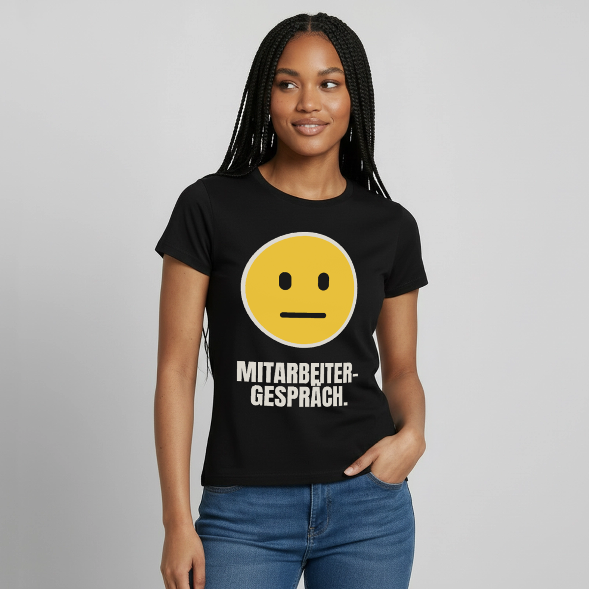 "Mitarbeitergespräch." Motiv-T-Shirt für Frauen, Farbe Schwarz, Model