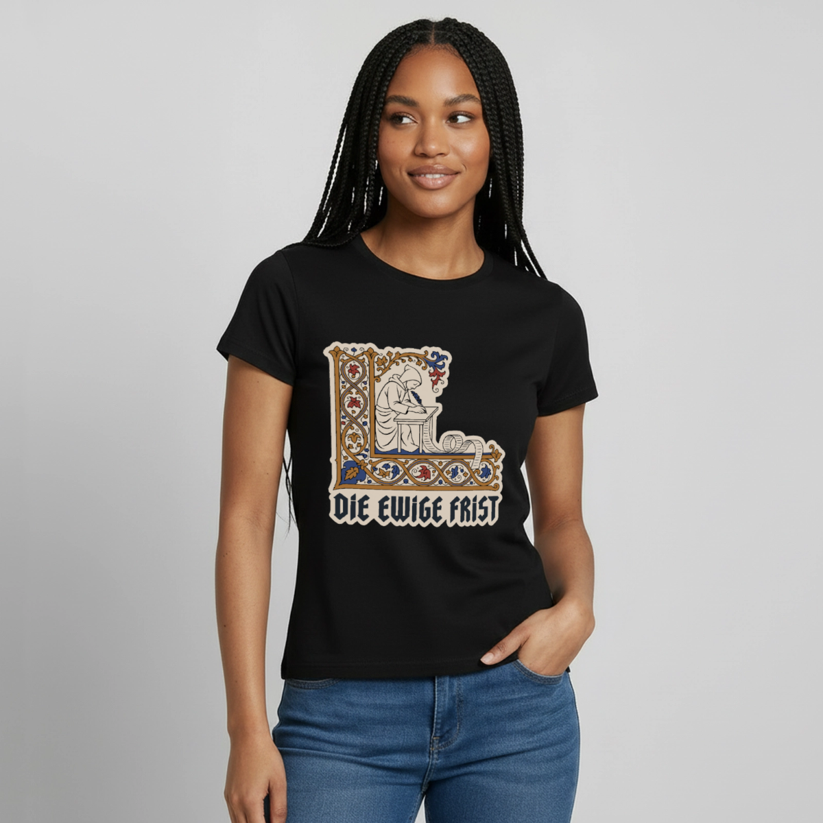"Die ewige Frist. Buchmalerei-Motiv" Motiv-T-Shirt für Frauen, Farbe Schwarz