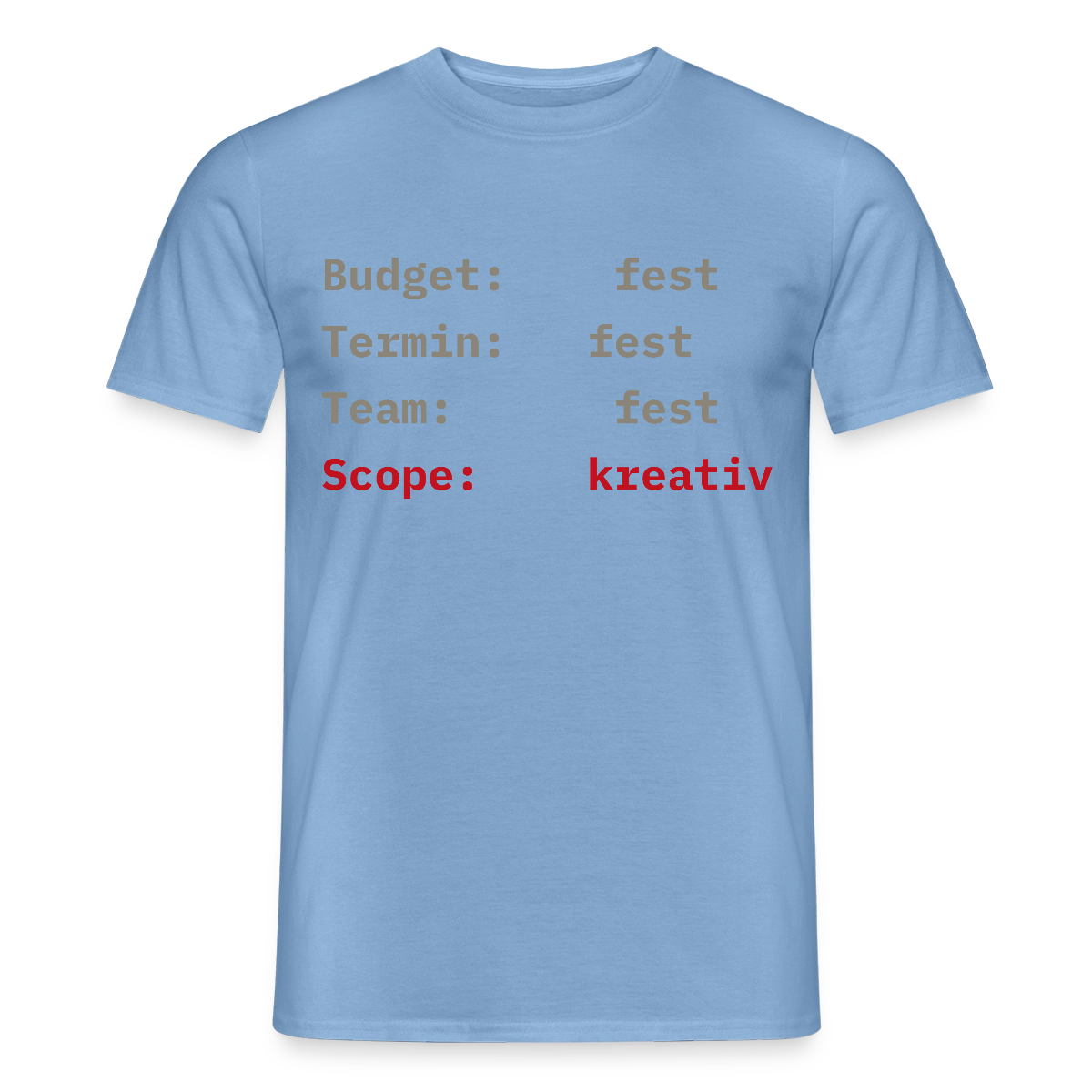 Budget: fest. Termin: fest. Team: fest. Scope: kreativ. Motiv-T-Shirt für Männer, Farbe Carolina Blue
