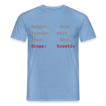 Budget: fest. Termin: fest. Team: fest. Scope: kreativ. Motiv-T-Shirt für Männer, Farbe Carolina Blue