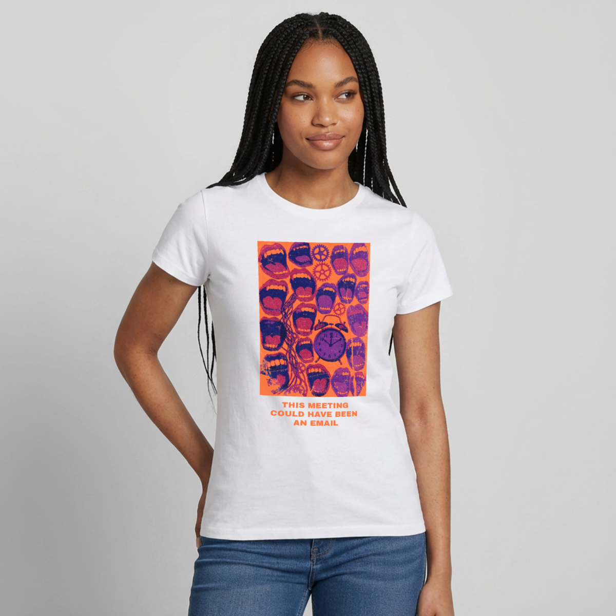 This meeting could have been an email. Popart-Motiv Motiv-T-Shirt für Frauen, Farbe Weiß, Model