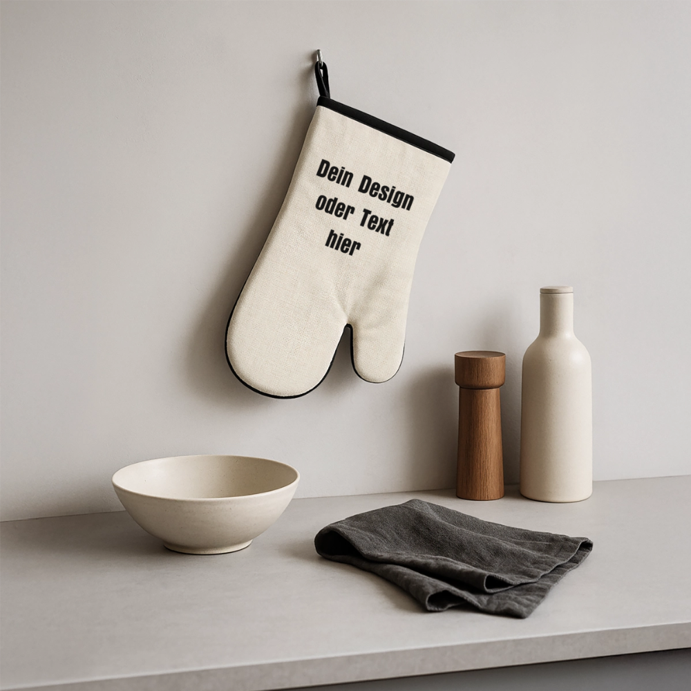 Grill- & Ofenhandschuh (hitzebeständig) mit Gummibeschichtung - personalisierbar - Leinen/Schwarz 