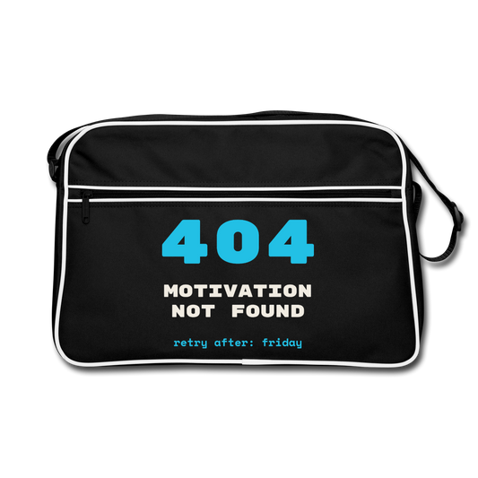 "404 Motivation not found. Retry after: friday" Motiv-Retro-Tasche, Farbe Schwarz/Weiß