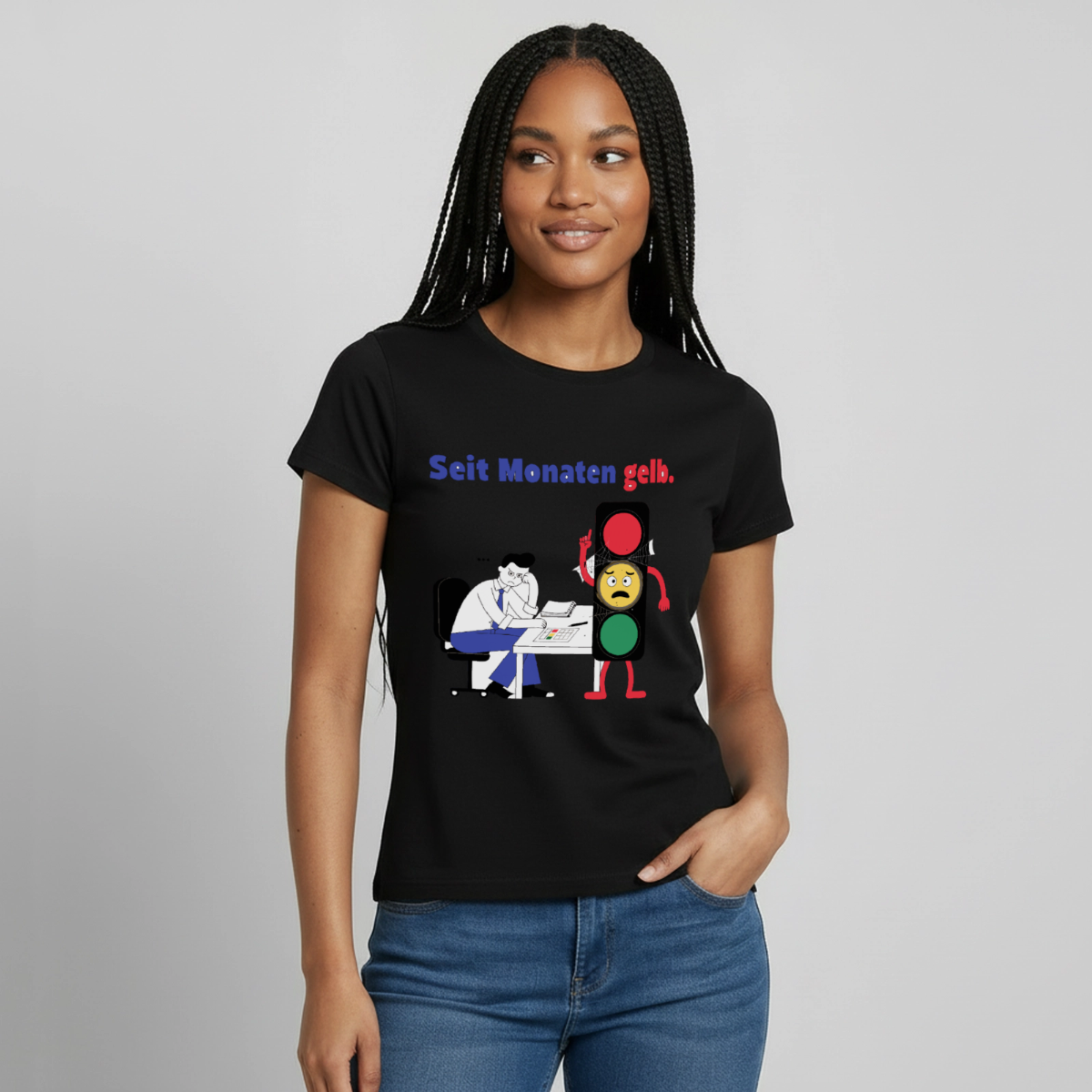"Seit Monaten gelb. Ampel-Motiv" Motiv-T-Shirt für Frauen, Farbe Schwarz