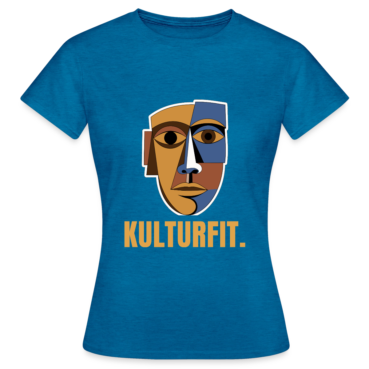 Kulturfit. Kubismus-Motiv Motiv-T-Shirt für Frauen, Farbe Antikblaues Saphir meliert