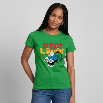 "ETA? Läuft! Strichfiguren-Motiv" Motiv-T-Shirt für Frauen, Farbe Kelly Green