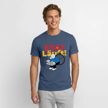 "ETA? Läuft! Strichfiguren-Motiv" Motiv-T-Shirt für Männer, Farbe Dunkles Denimblau