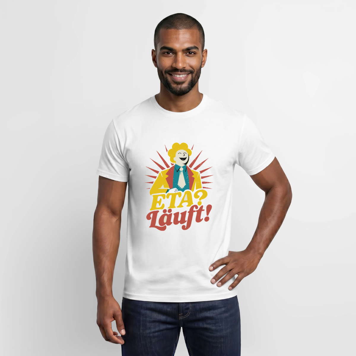 "ETA? Läuft! Midcentury-Motiv" Motiv-T-Shirt für Männer, Farbe Weiß