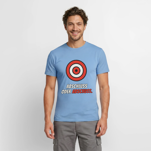 Abschluss oder Abschuss. Motiv-T-Shirt für Männer, Farbe Carolina Blue, Model
