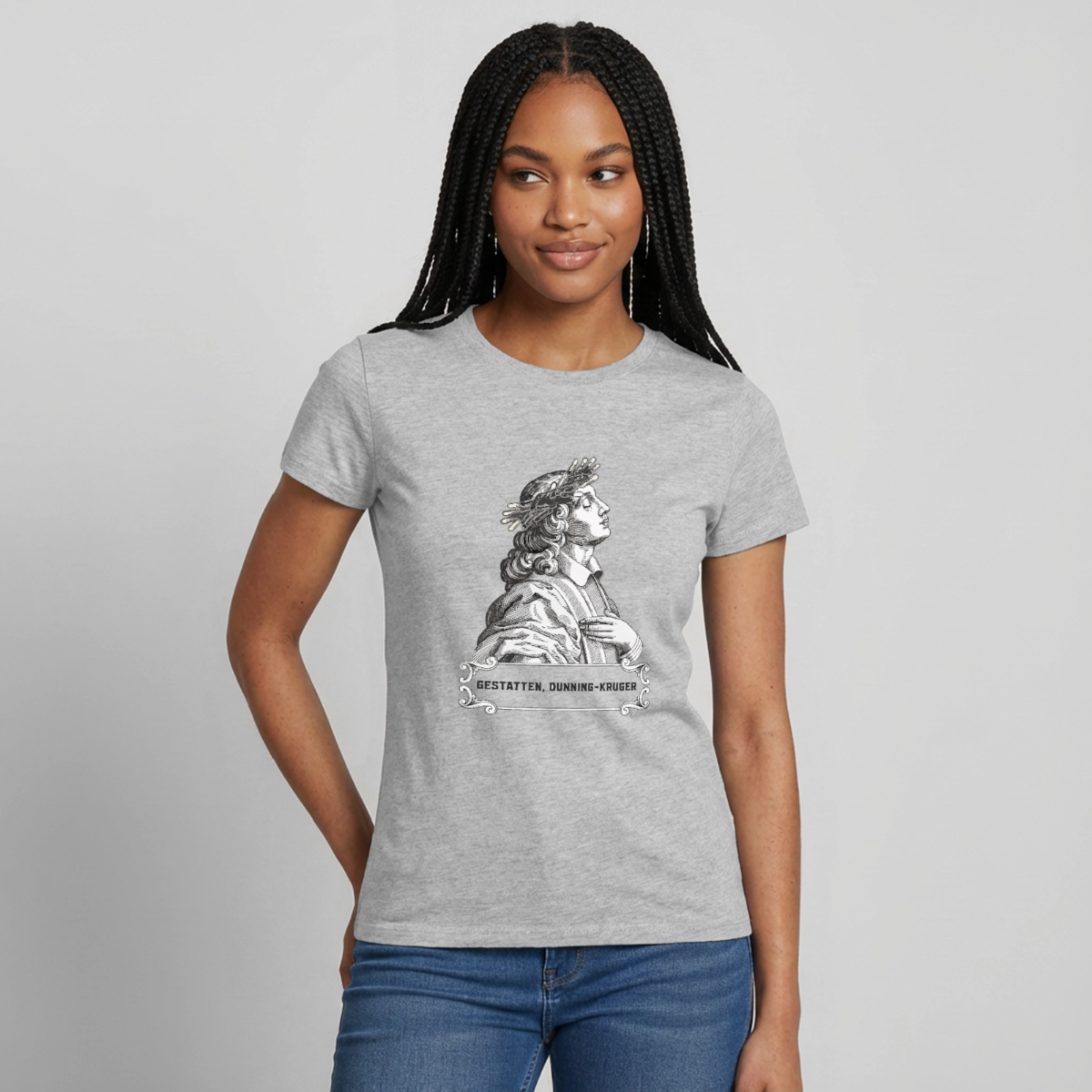 Gestatten, Dunning-Kruger. Kupferstich-Motiv Motiv-T-Shirt für Frauen, Farbe Grau meliert, Model