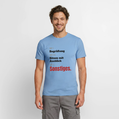Top 1 Begrüßung, Top 2 bis 6 Sitzen mit Ausblick, Top 7 Sonstiges Motiv-T-Shirt für Männer, Farbe Carolina Blue, Model