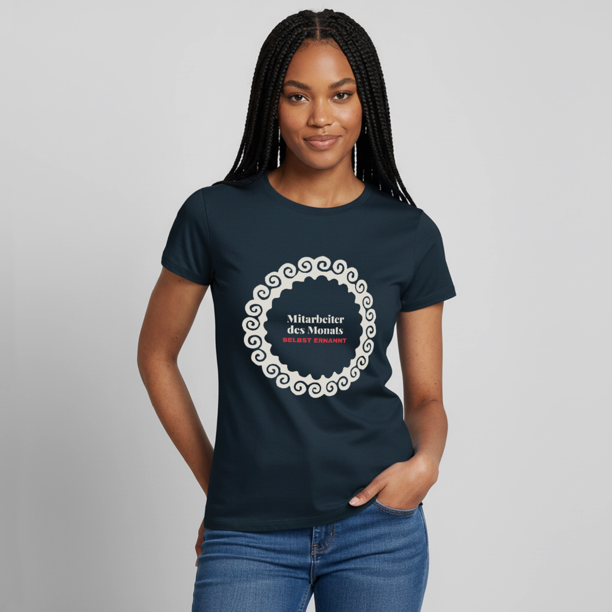 "Mitarbeiter des Monats, selbst ernannt." Motiv-T-Shirt für Frauen, Farbe Navy