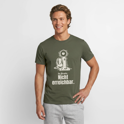 "In Rente. Nicht erreichbar. Strichzeichnung" Motiv-T-Shirt für Männer, Farbe Militärgrün