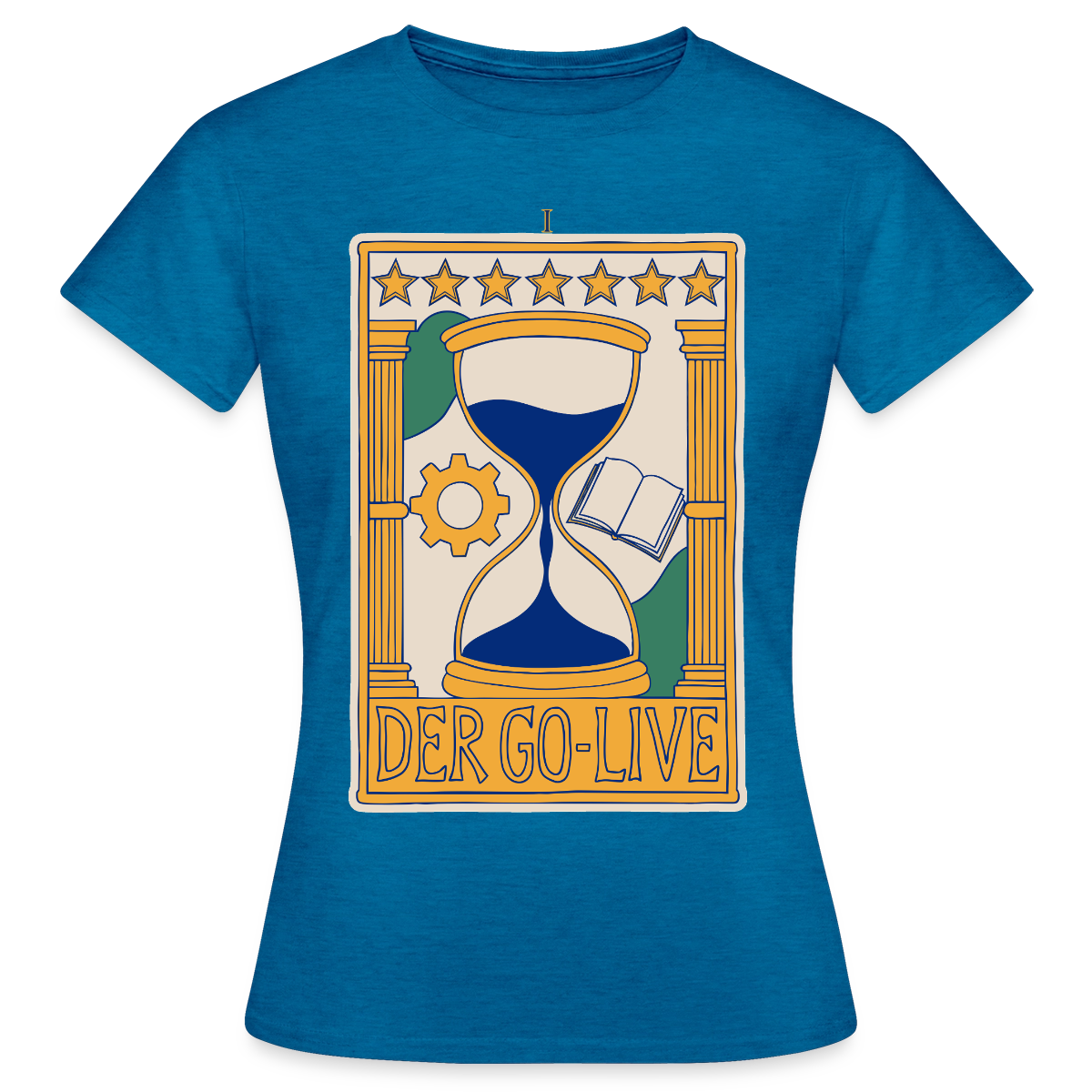 Der Go-Live. Tarot-Motiv Motiv-T-Shirt für Frauen, Farbe Antikblaues Saphir meliert