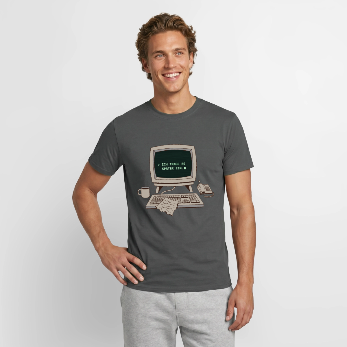 Ich trage es später ein. Motiv-T-Shirt für Männer, Farbe Anthrazit, Model