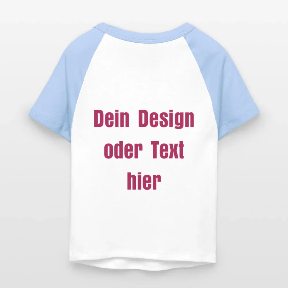 Frauen Cropped Baseball T-Shirt - personalisierbare Vorder- und Rückseite - Weiß/Hellblau