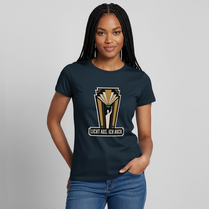 "Licht aus. Ich auch. Art-déco-Motiv" Motiv-T-Shirt für Frauen, Farbe Navy