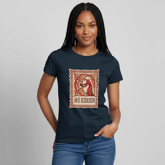 Akte geschlossen. Buchmalerei-Motiv Motiv-T-Shirt für Frauen, Farbe Navy, Model