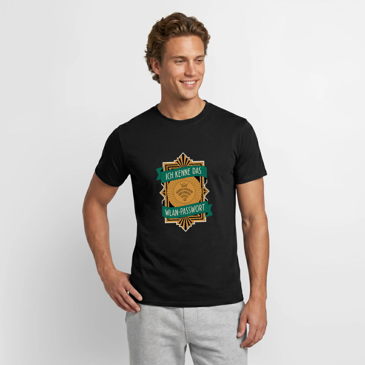 Ich kenne das WLAN-Passwort. Motiv-T-Shirt für Männer, Farbe Schwarz, Model