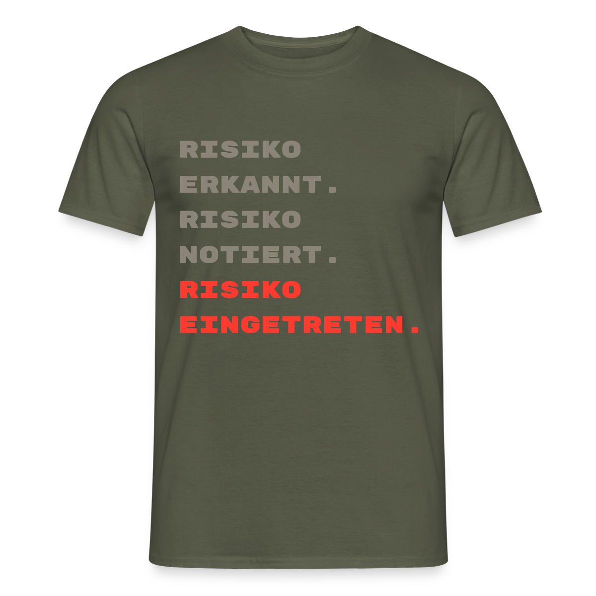 Risiko erkannt. Risiko notiert. Risiko eingetreten. Motiv-T-Shirt für Männer, Farbe Militärgrün
