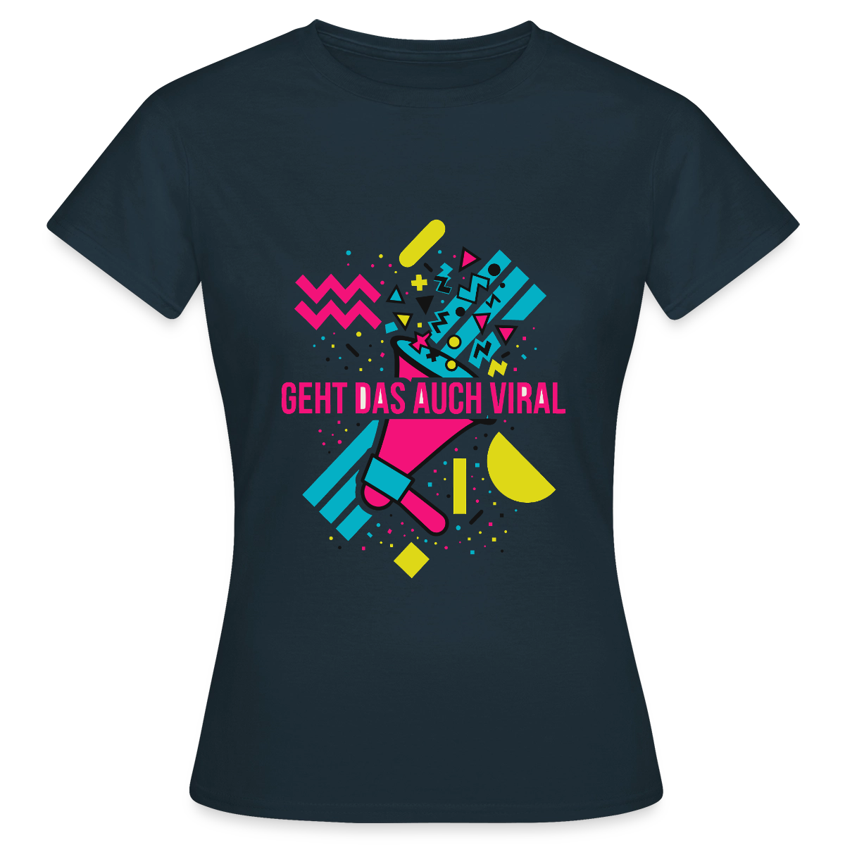 Geht das auch viral? Memphis-Motiv Motiv-T-Shirt für Frauen, Farbe Navy