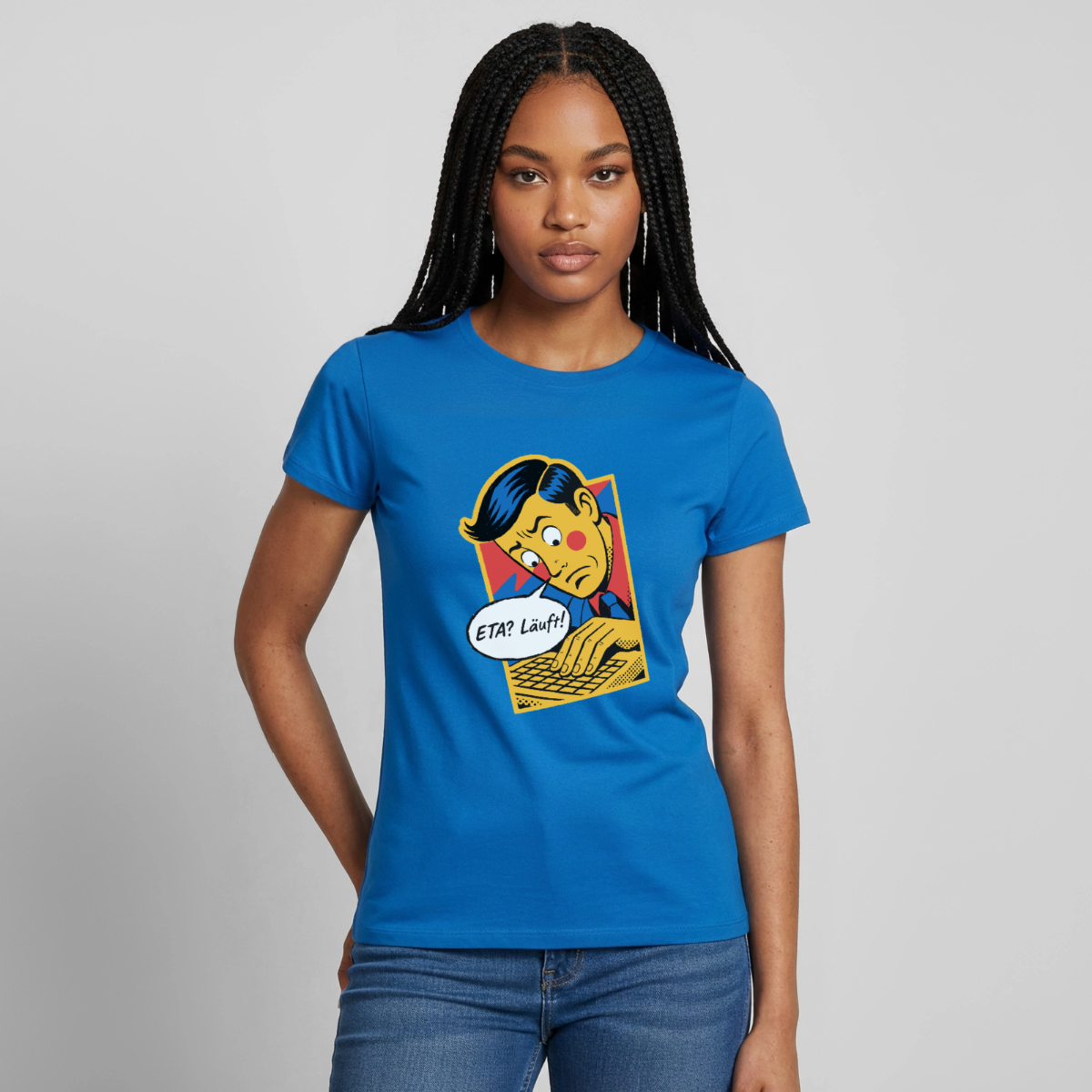 "ETA? Läuft! Popart-Motiv" Motiv-T-Shirt für Frauen, Farbe Royalblau