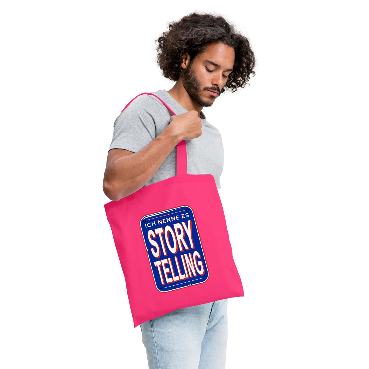 Ich nenne es Storytelling. Stoffbeutel, Farbe Azalea, Model