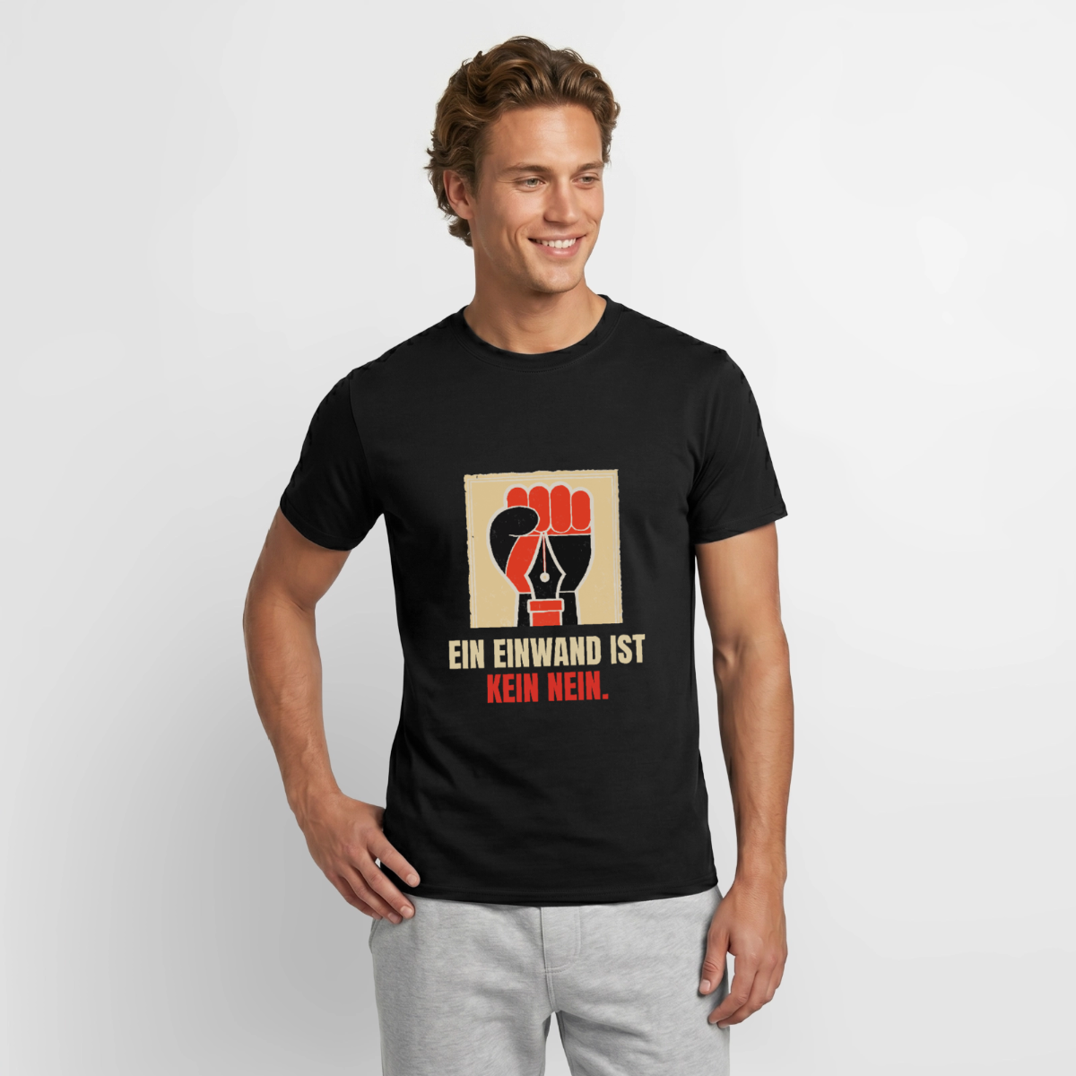 "Ein Einwand ist kein Nein." Motiv-T-Shirt für Männer, Farbe Schwarz, Model