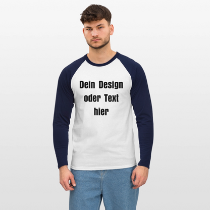 Männer Baseballshirt langarm - personalisierbare Vorder- und Rückseite - Weiß/Navy