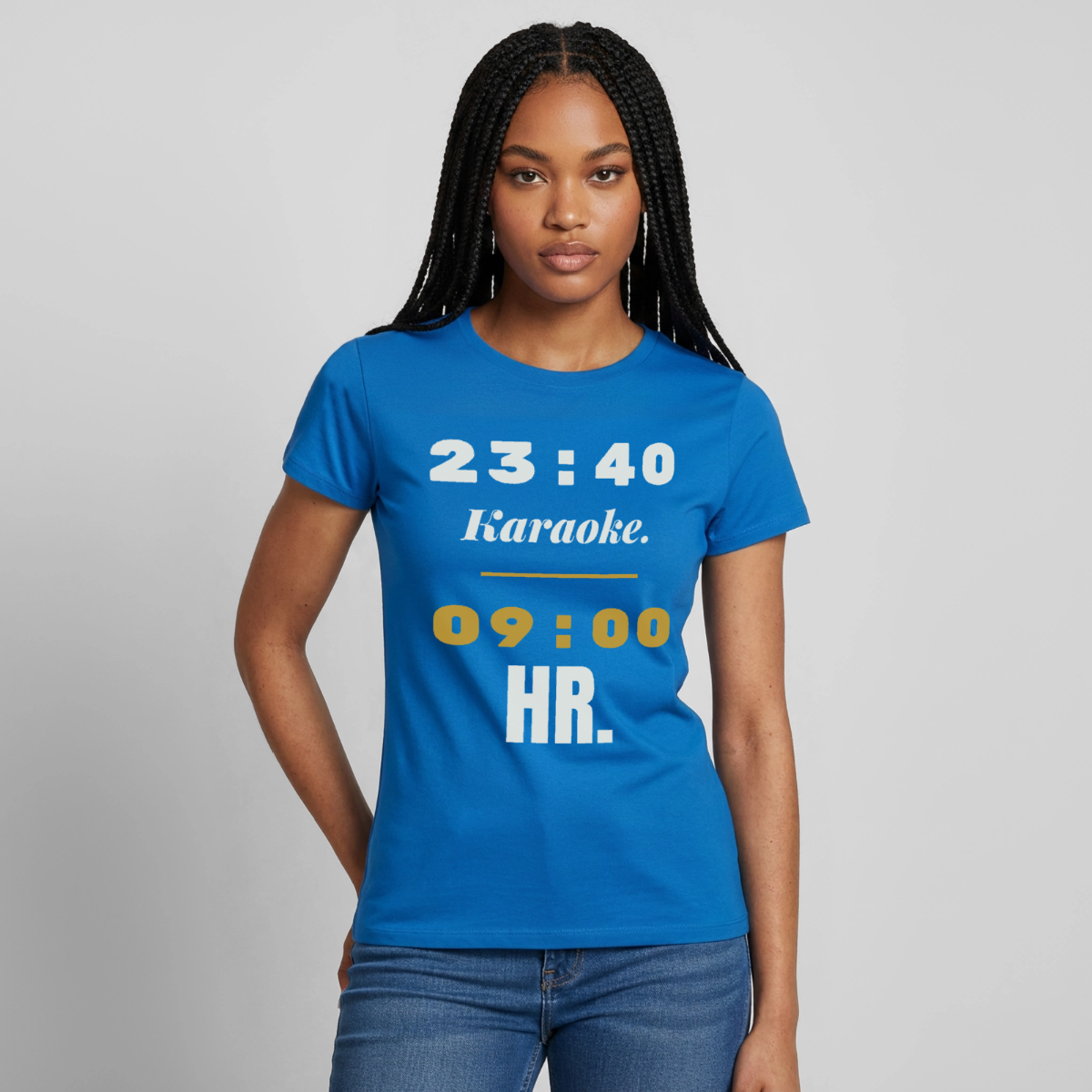 "23:40 Karaoke. 09:00 HR." Motiv-T-Shirt für Frauen, Farbe Royalblau