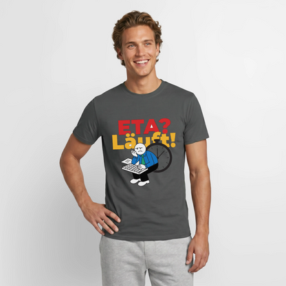 "ETA? Läuft! Strichfiguren-Motiv" Motiv-T-Shirt für Männer, Farbe Anthrazit