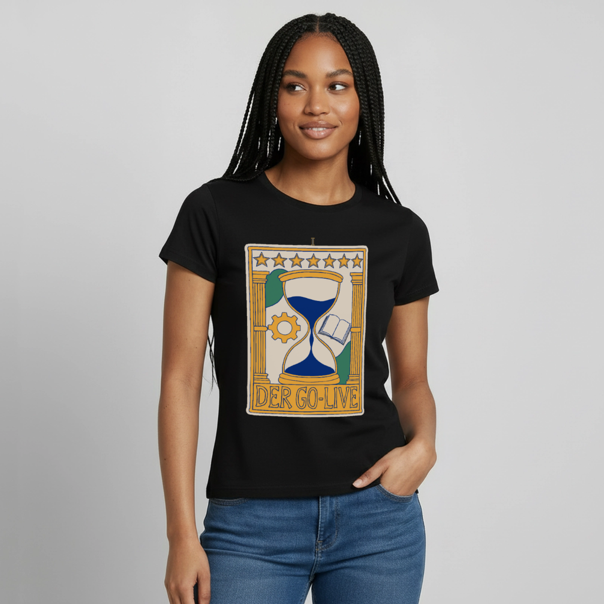 "Der Go-Live. Tarot-Motiv" Motiv-T-Shirt für Frauen, Farbe Schwarz, Model