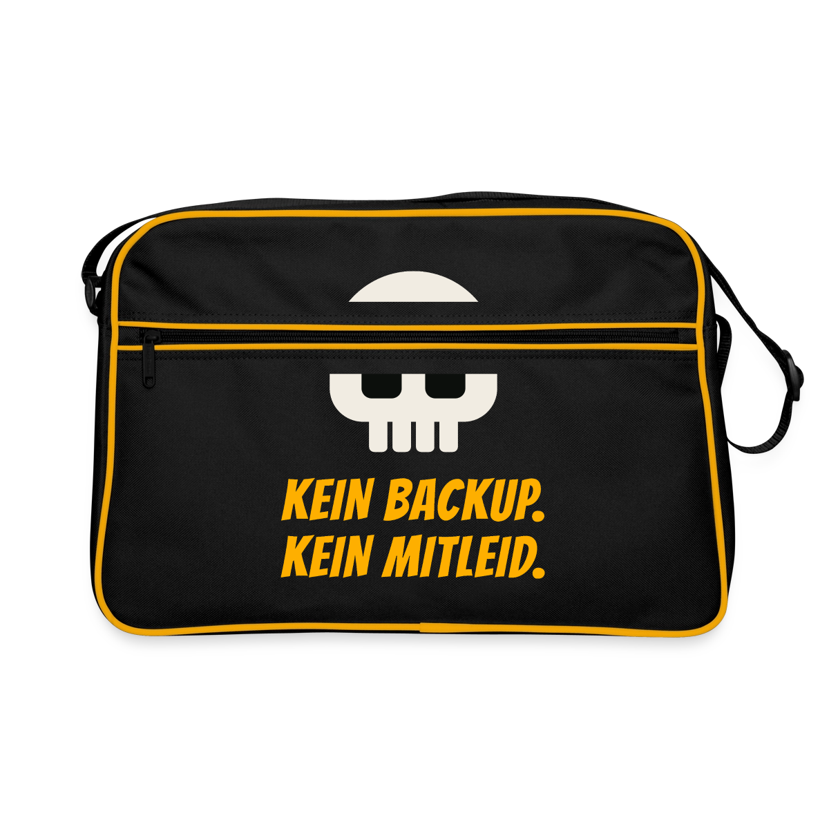 "Kein Backup. Kein Mitleid." Motiv-Retro-Tasche, Farbe Schwarz/Gold