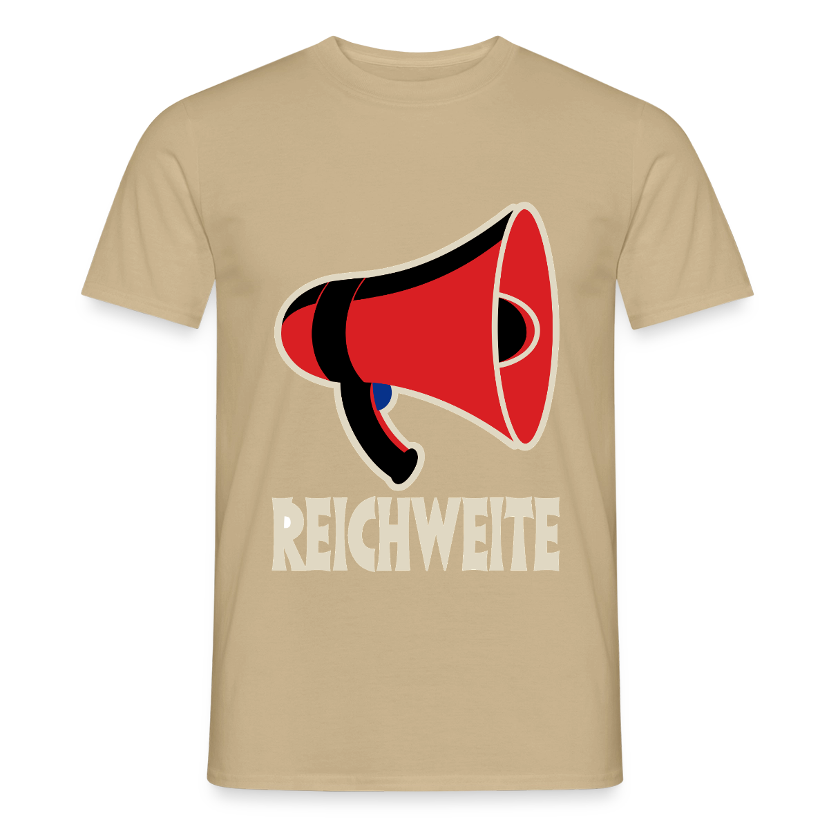 Reichweite. Sachplakat-Motiv Motiv-T-Shirt für Männer, Farbe Sandbeige