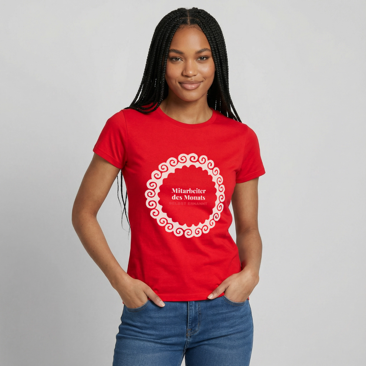"Mitarbeiter des Monats, selbst ernannt." Motiv-T-Shirt für Frauen, Farbe Rot