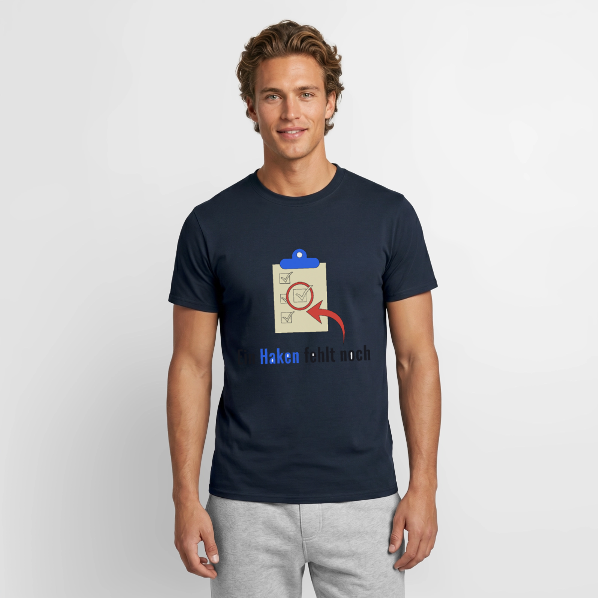 "Ein Haken fehlt noch." Motiv-T-Shirt für Männer, Farbe Navy