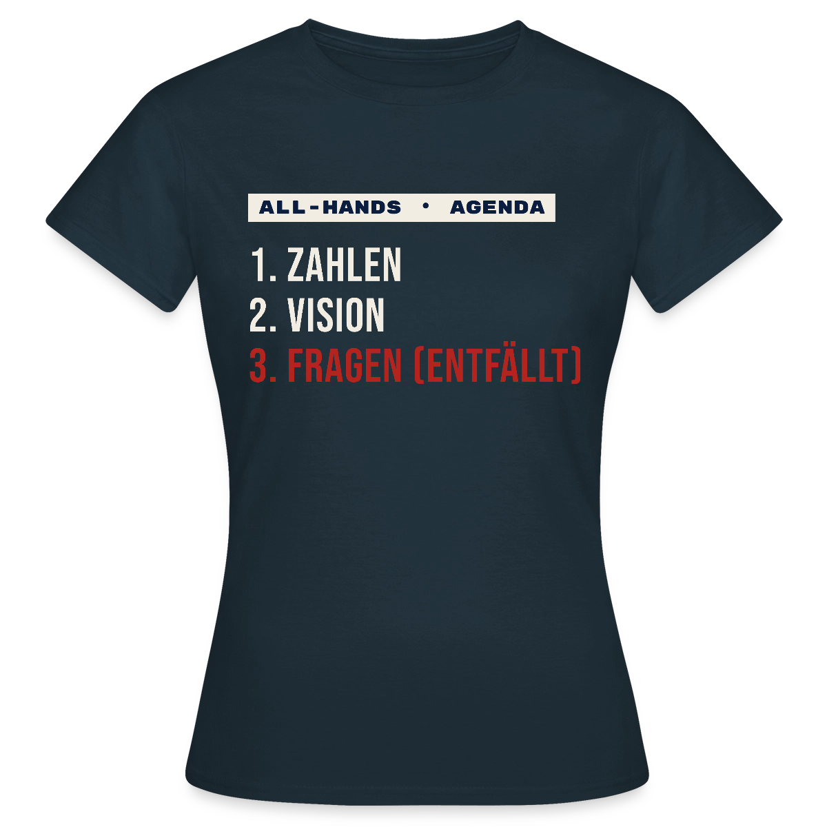 All-Hands-Agenda: 1 Zahlen, 2 Vision, 3 Fragen (entfällt) Motiv-T-Shirt für Frauen, Farbe Navy