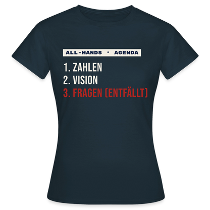 All-Hands-Agenda: 1 Zahlen, 2 Vision, 3 Fragen (entfällt) Motiv-T-Shirt für Frauen, Farbe Navy