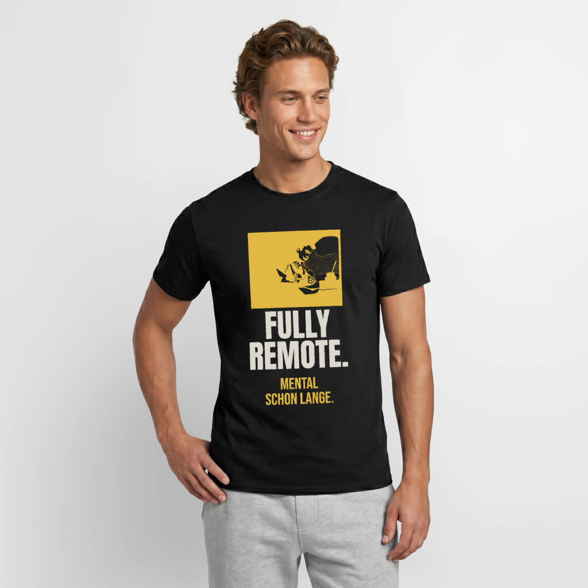 "Fully remote" Motiv-T-Shirt für Männer, Farbe Schwarz, Model