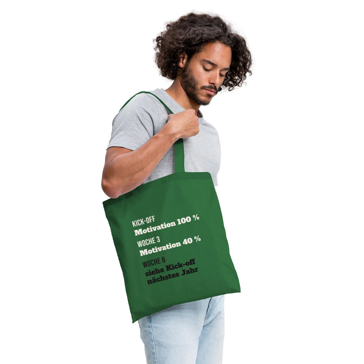 "Kick-off: Motivation 100 %. Woche 3: 40 %. Woche 6: siehe Kick-off nächstes Jahr" Stoffbeutel, Farbe Fichte