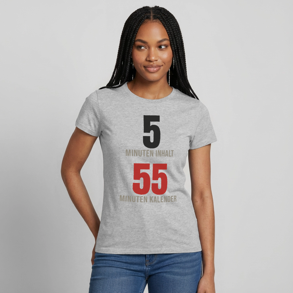 5 Minuten Inhalt, 55 Minuten Kalender Motiv-T-Shirt für Frauen, Farbe Grau meliert, Model