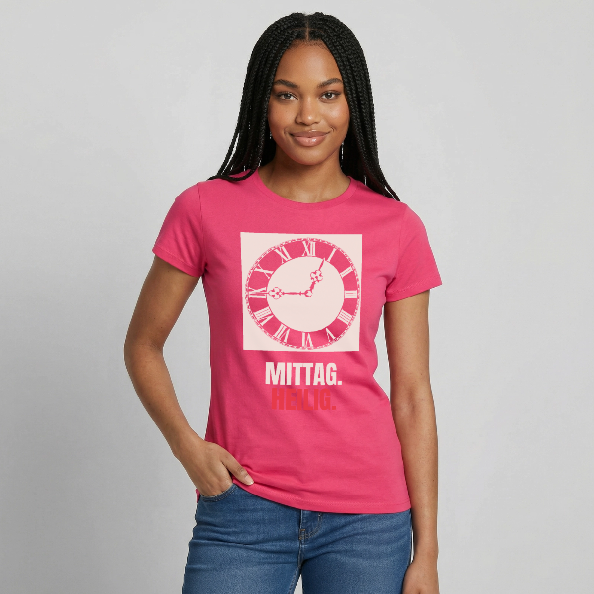 "Mittag. Heilig." Motiv-T-Shirt für Frauen, Farbe Azalea