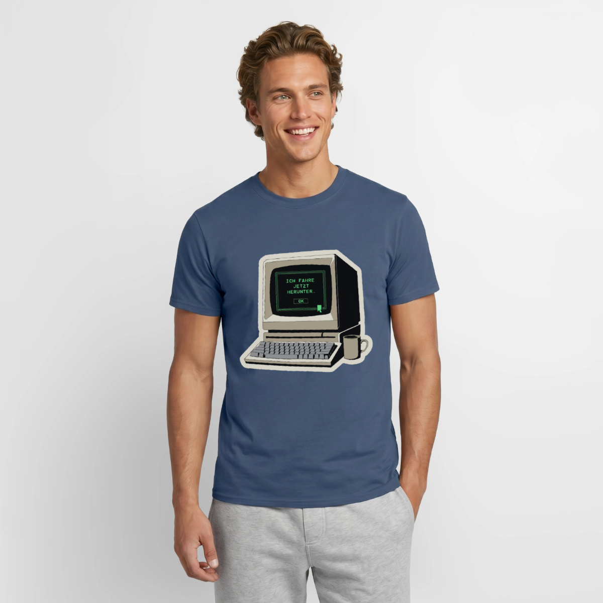 Ich fahre jetzt herunter. Motiv-T-Shirt für Männer, Farbe Dunkles Denimblau, Model
