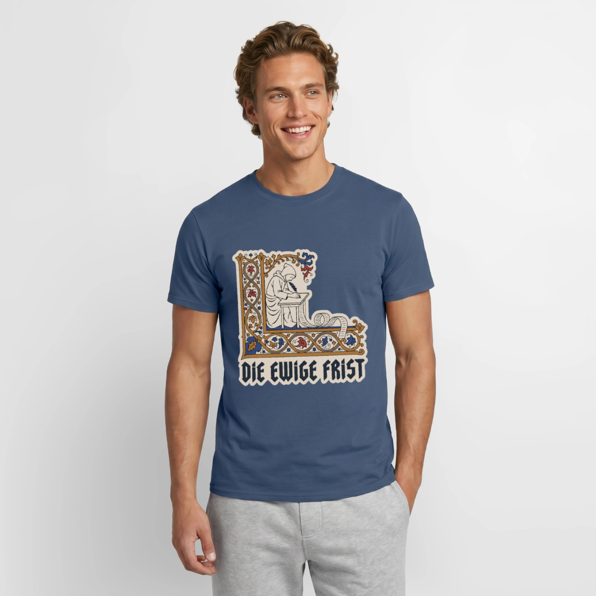 "Die ewige Frist. Buchmalerei-Motiv" Motiv-T-Shirt für Männer, Farbe Dunkles Denimblau