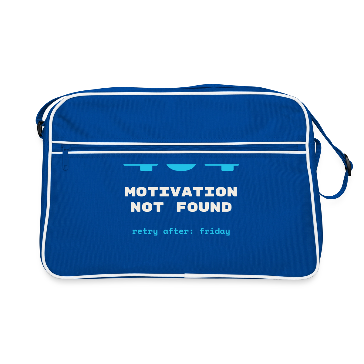 "404 Motivation not found. Retry after: friday" Motiv-Retro-Tasche, Farbe Blau/Weiß
