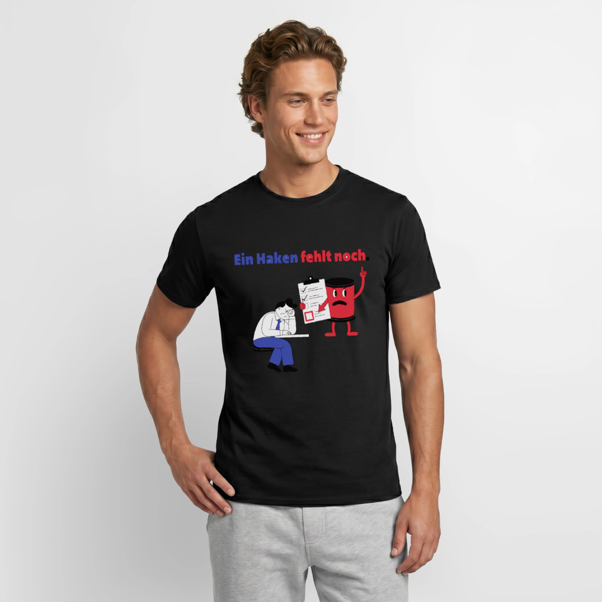 "Ein Haken fehlt noch. Comic-Motiv" Motiv-T-Shirt für Männer, Farbe Schwarz