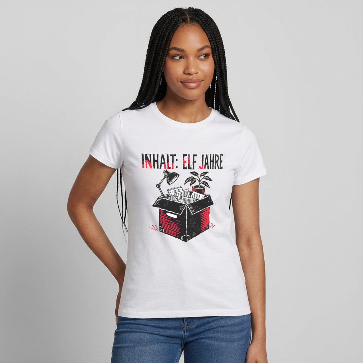 "Inhalt: elf Jahre. Linolschnitt-Motiv" Motiv-T-Shirt für Frauen, Farbe Weiß